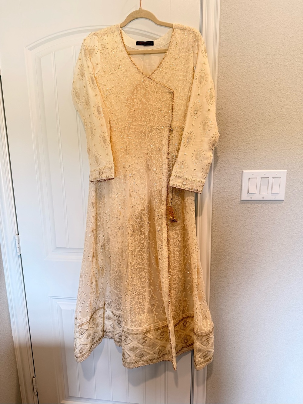 Elegant Cream Embroidered Long Sleeve Wrap Dress